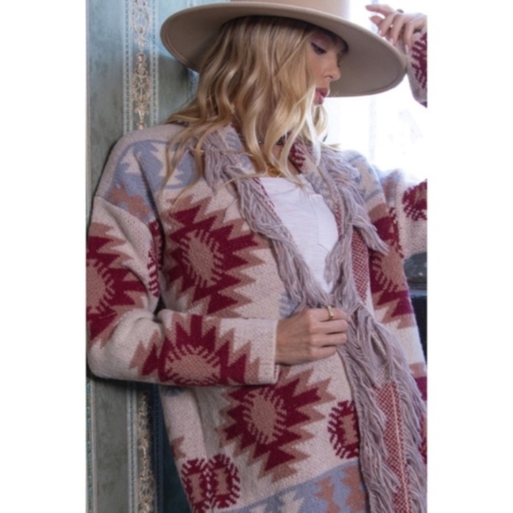 SOLD OUT Berry Aztec Western Tribal Pattern Open Front Fringe Cardigan Sweater - Picture 2 of 8